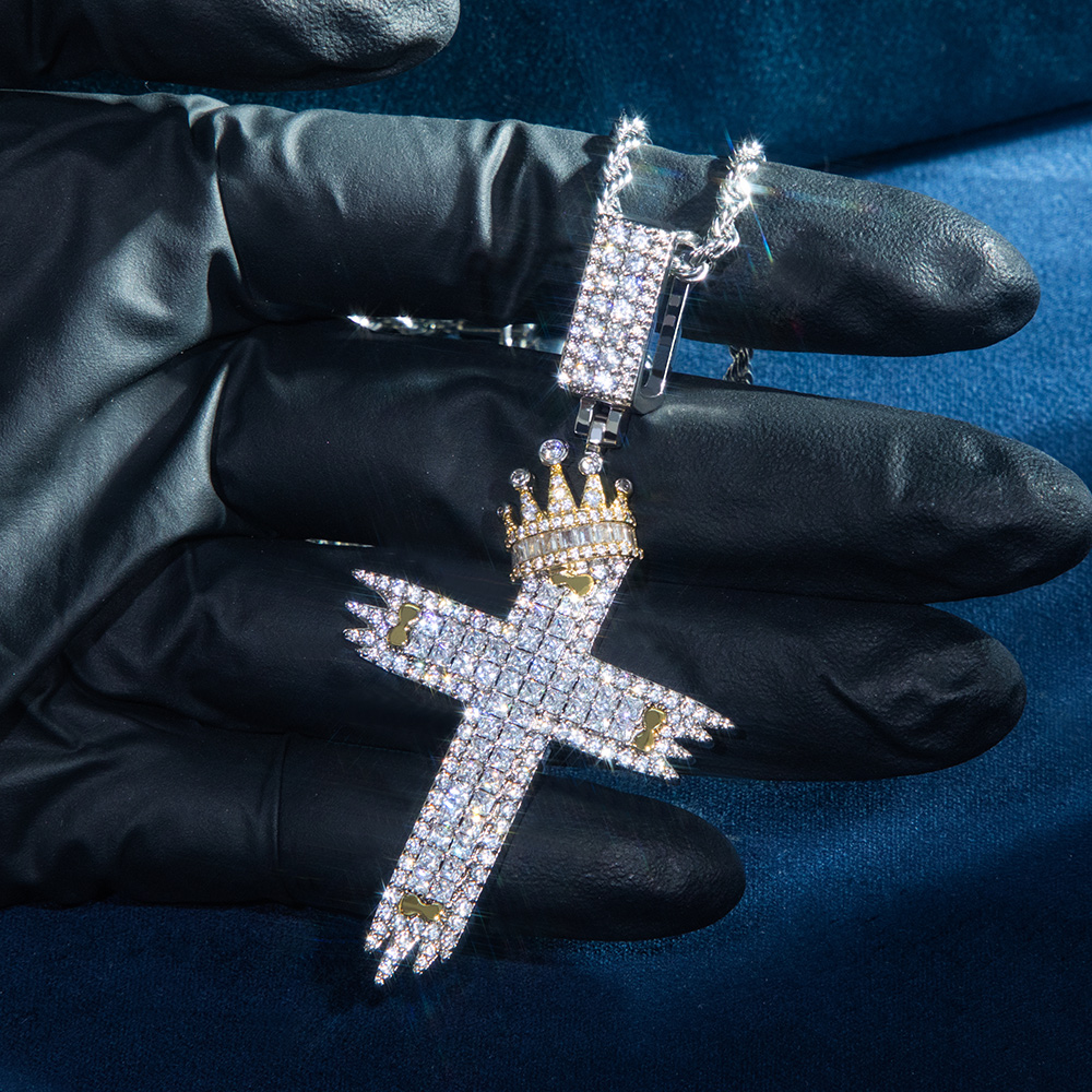 Two-tone Baguette Diamond Cross With Crown Pendant With Iced Out Shine - Image 3