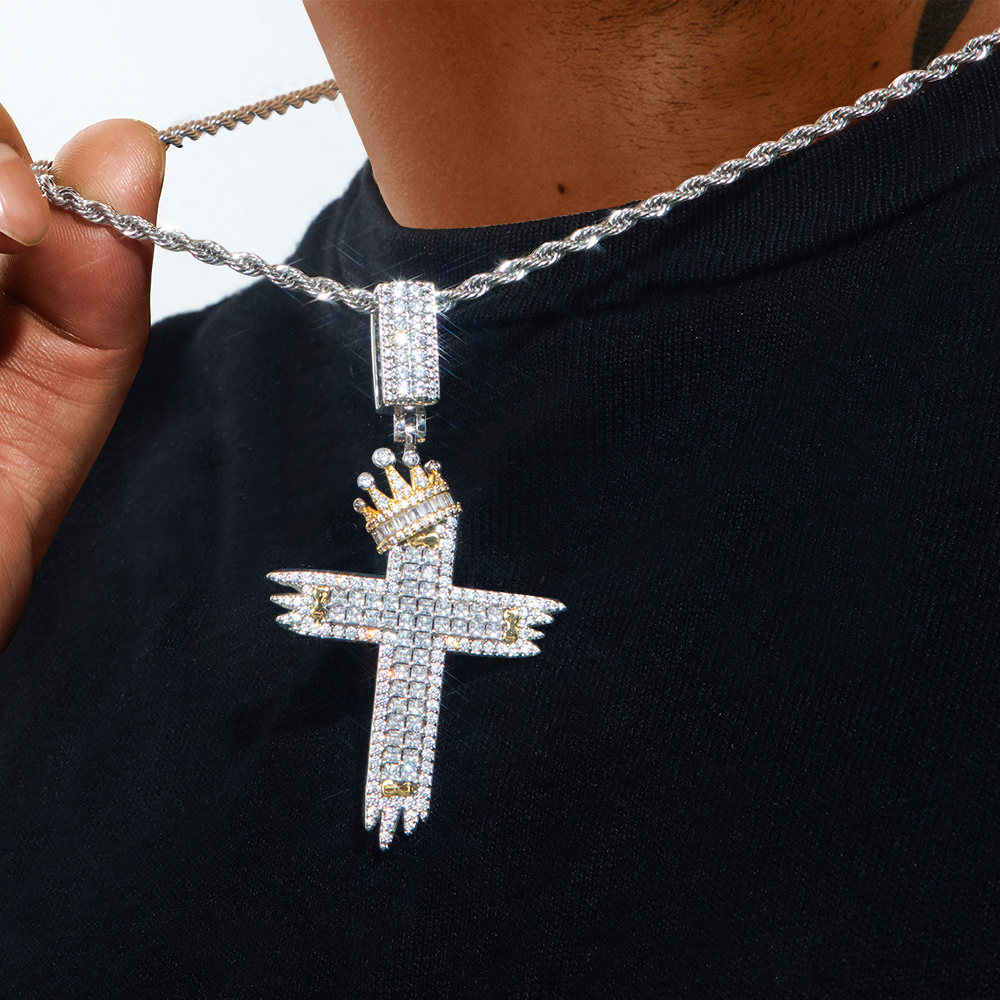 Two-tone Baguette Diamond Cross With Crown Pendant With Iced Out Shine - Image 4