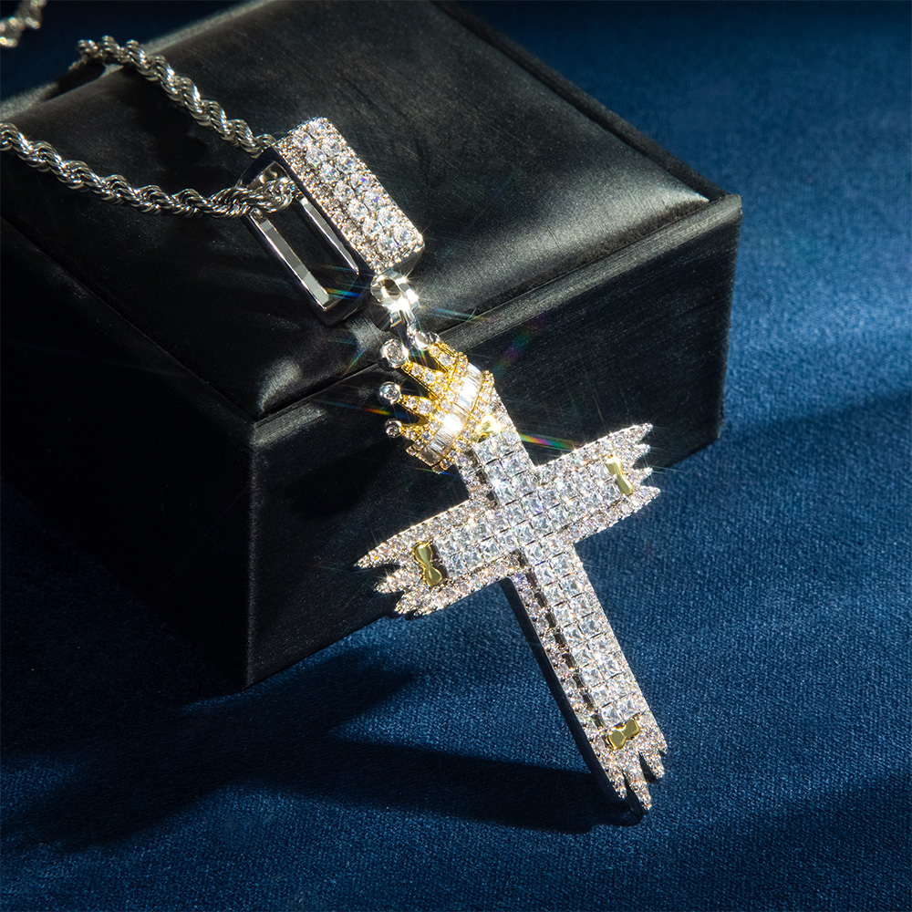 Two-tone Baguette Diamond Cross With Crown Pendant With Iced Out Shine - Image 5