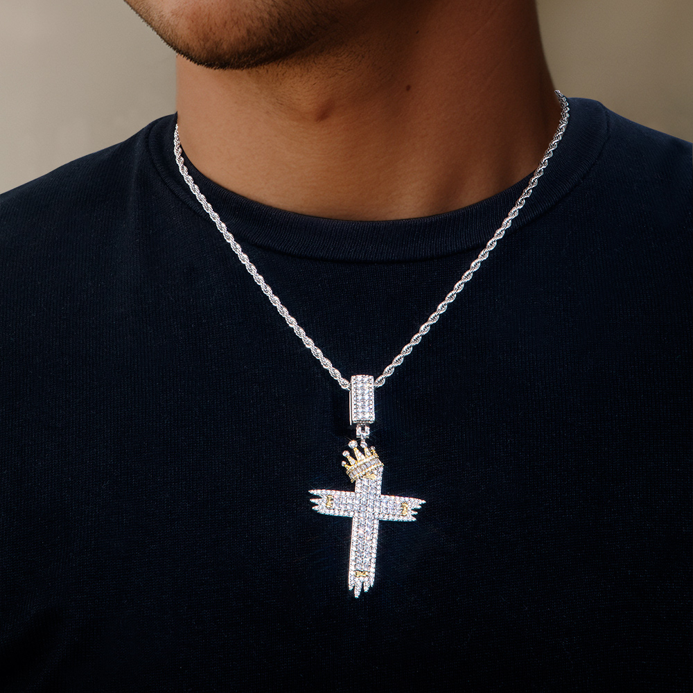 Two-tone Baguette Diamond Cross With Crown Pendant With Iced Out Shine - Image 6