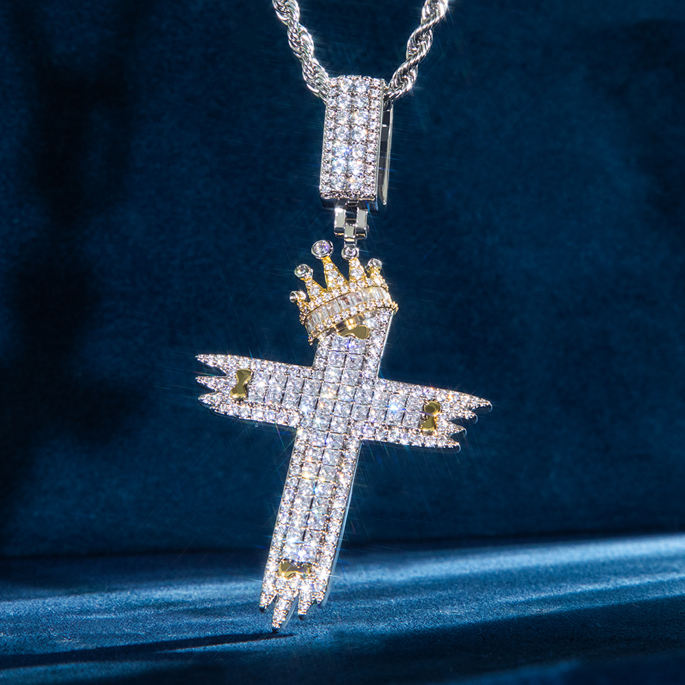 Two-tone Baguette Diamond Cross With Crown Pendant With Iced Out Shine