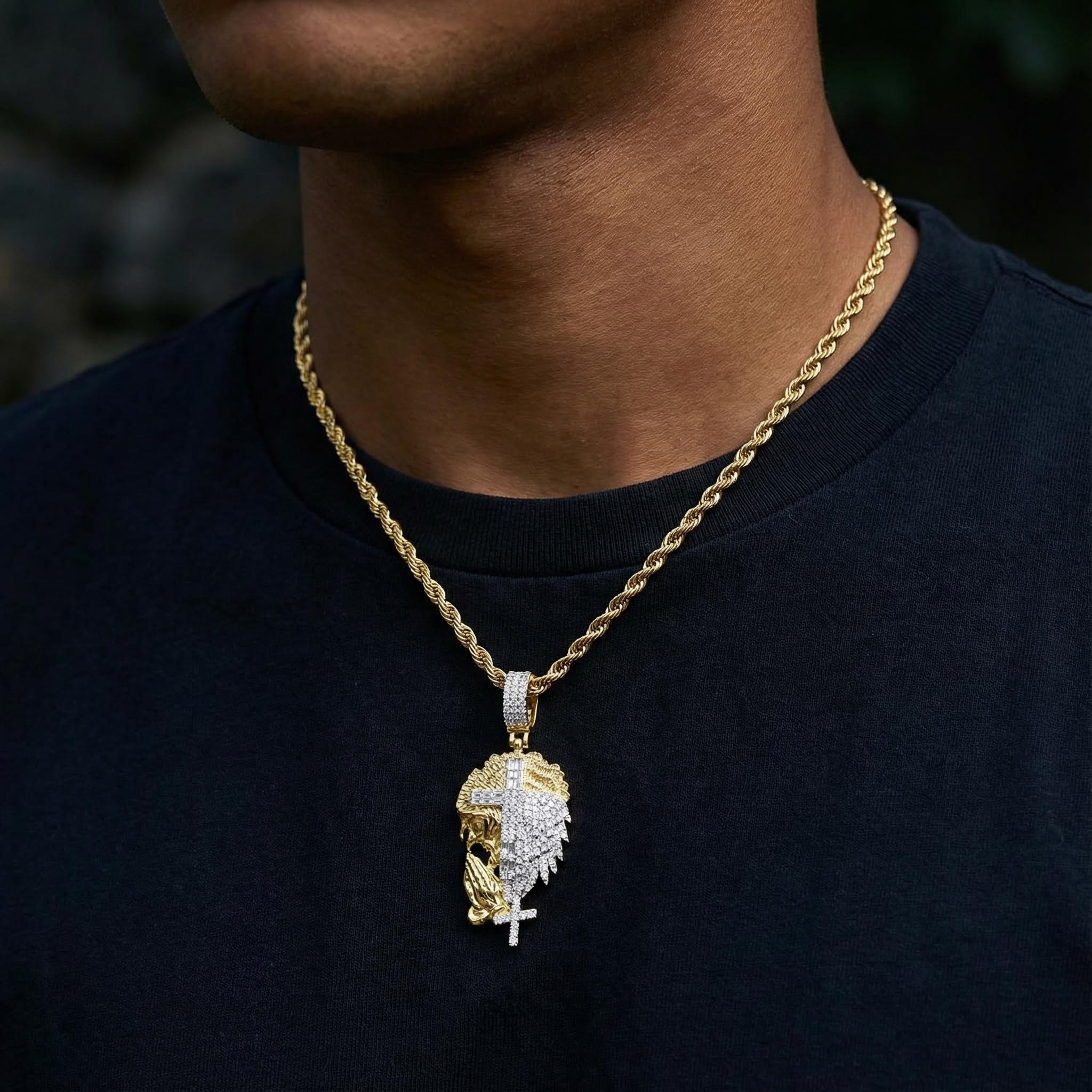 Half Jesus And Half Lion With Cross Two-tone Pendant Gold - Image 3