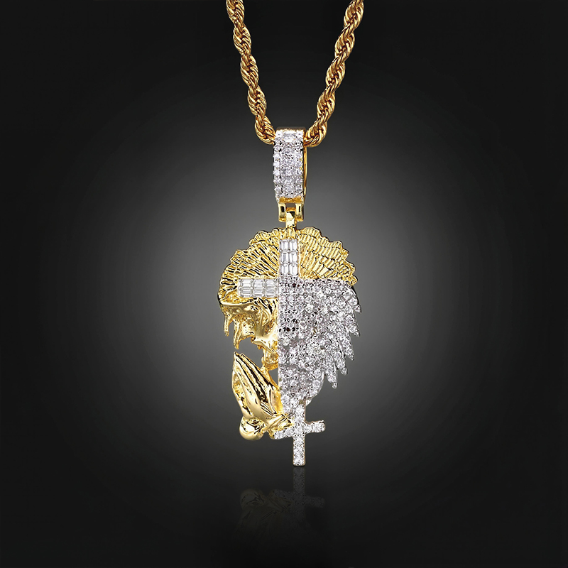 Half Jesus And Half Lion With Cross Two-tone Pendant Gold