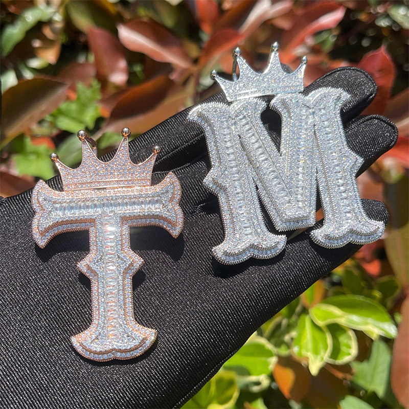 Baguette Cut Thorns A-z Initial Letters Pendant With Crown Gold - Image 4