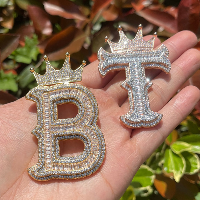 Baguette Cut Thorns A-z Initial Letters Pendant With Crown Gold - Image 5