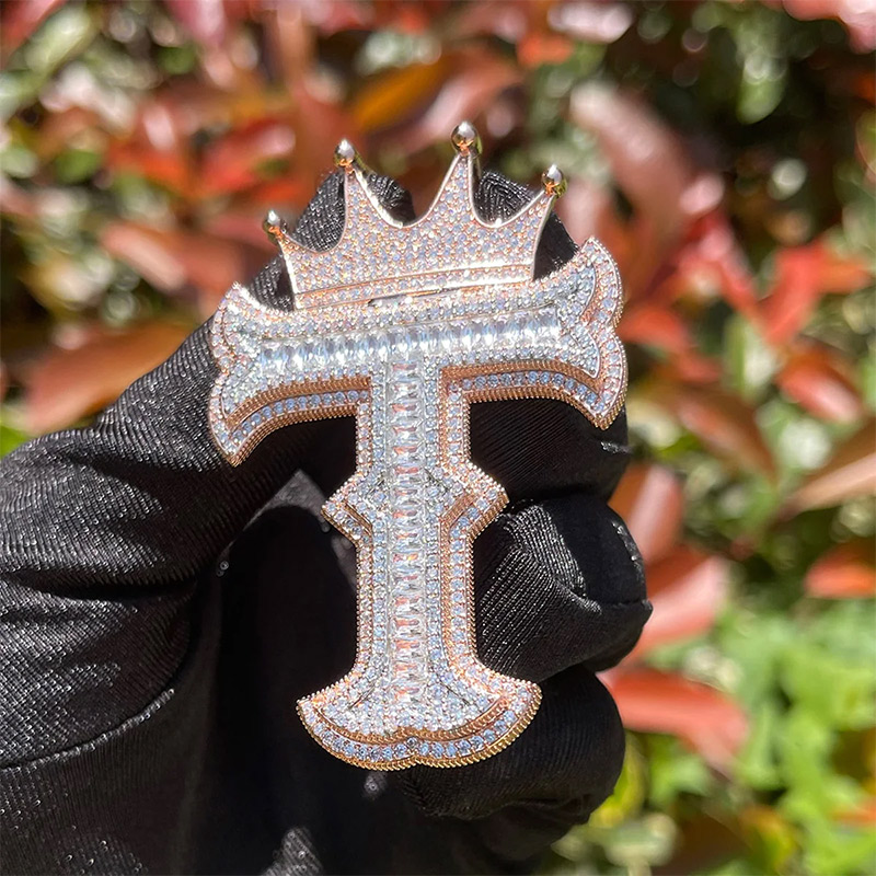 Baguette Cut Thorns A-z Initial Letters Pendant With Crown Gold - Image 6
