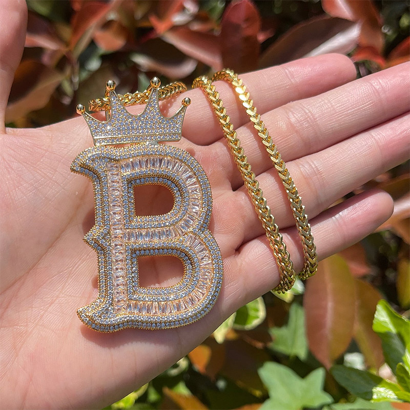 Baguette Cut Thorns A-z Initial Letters Pendant With Crown Gold - Image 7