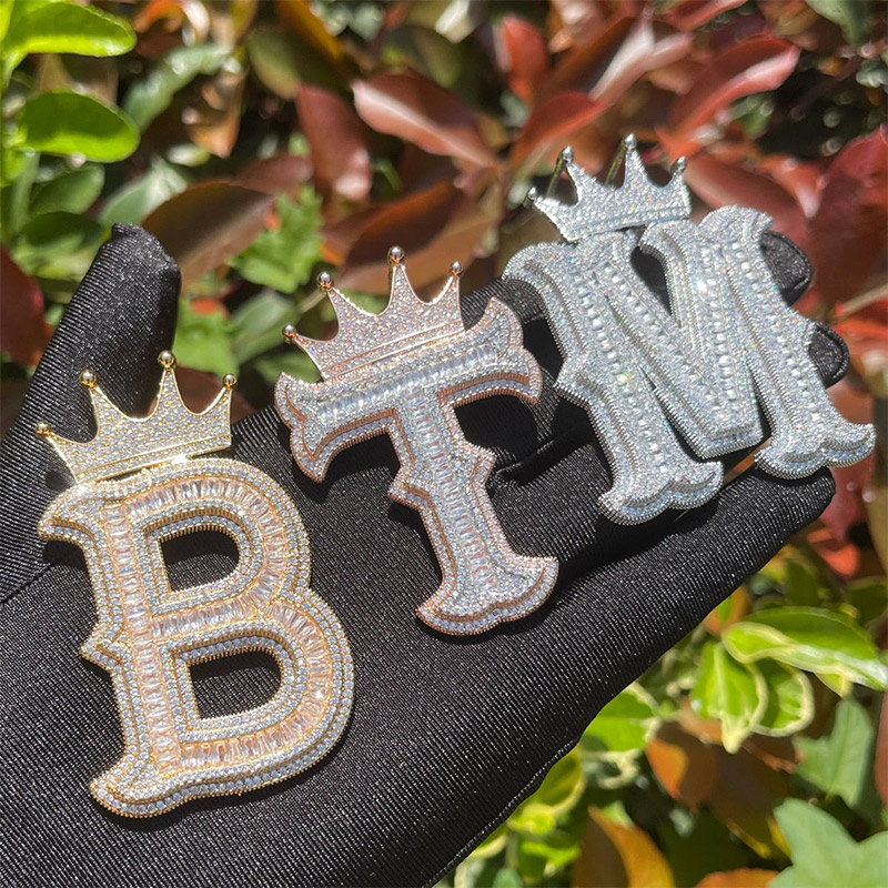 Baguette Cut Thorns A-z Initial Letters Pendant With Crown Gold
