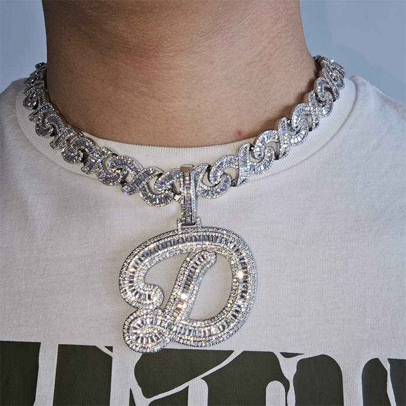 Giant Iced Out A-z Baguette Cursive Font Initial Letter Pendant Gold - Image 3