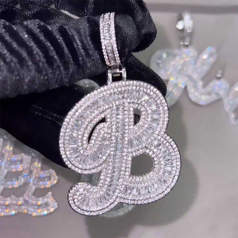 Giant Iced Out A-z Baguette Cursive Font Initial Letter Pendant Gold - Image 4