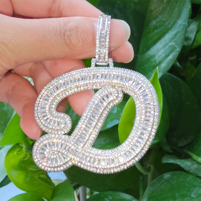 Giant Iced Out A-z Baguette Cursive Font Initial Letter Pendant Gold - Image 6