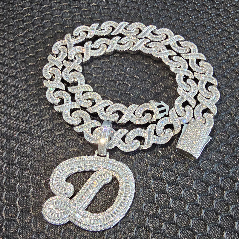 Giant Iced Out A-z Baguette Cursive Font Initial Letter Pendant Gold