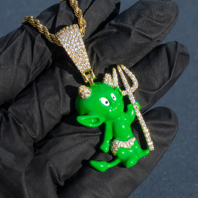 Iced Out 3d Green Enamel Little Devil Pendant Gold With Street Luxury Shine - Image 3