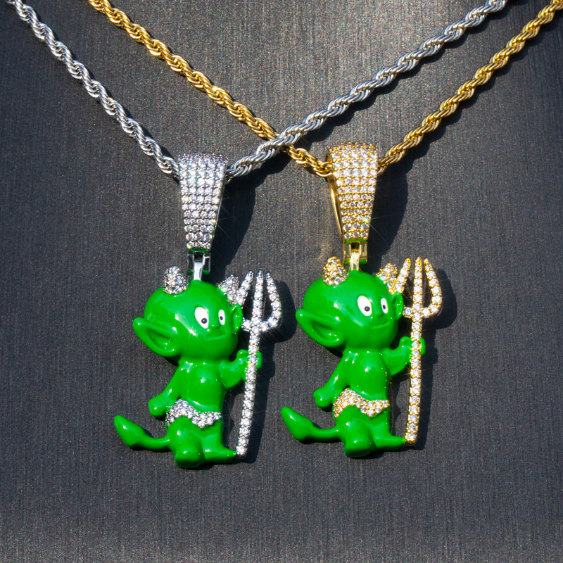 Iced Out 3d Green Enamel Little Devil Pendant Gold With Street Luxury Shine - Image 4