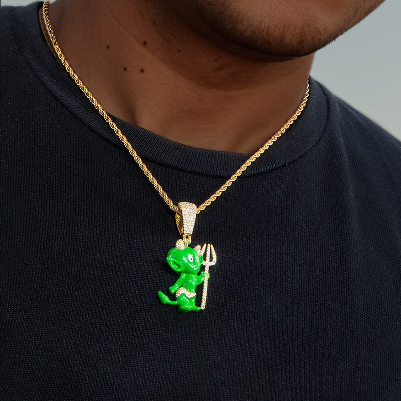 Iced Out 3d Green Enamel Little Devil Pendant Gold With Street Luxury Shine - Image 5