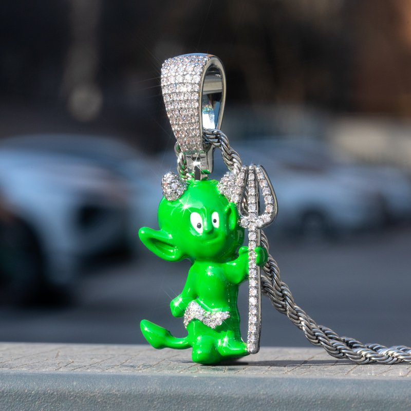 Iced Out 3d Green Enamel Little Devil Pendant Gold With Street Luxury Shine - Image 6