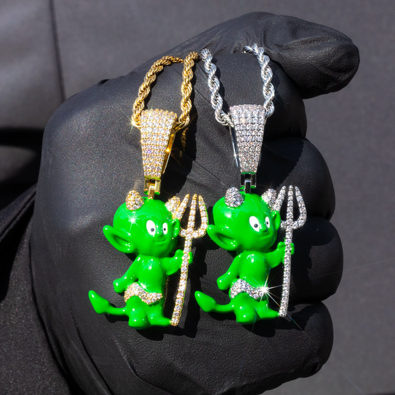 Iced Out 3d Green Enamel Little Devil Pendant Gold With Street Luxury Shine - Image 7