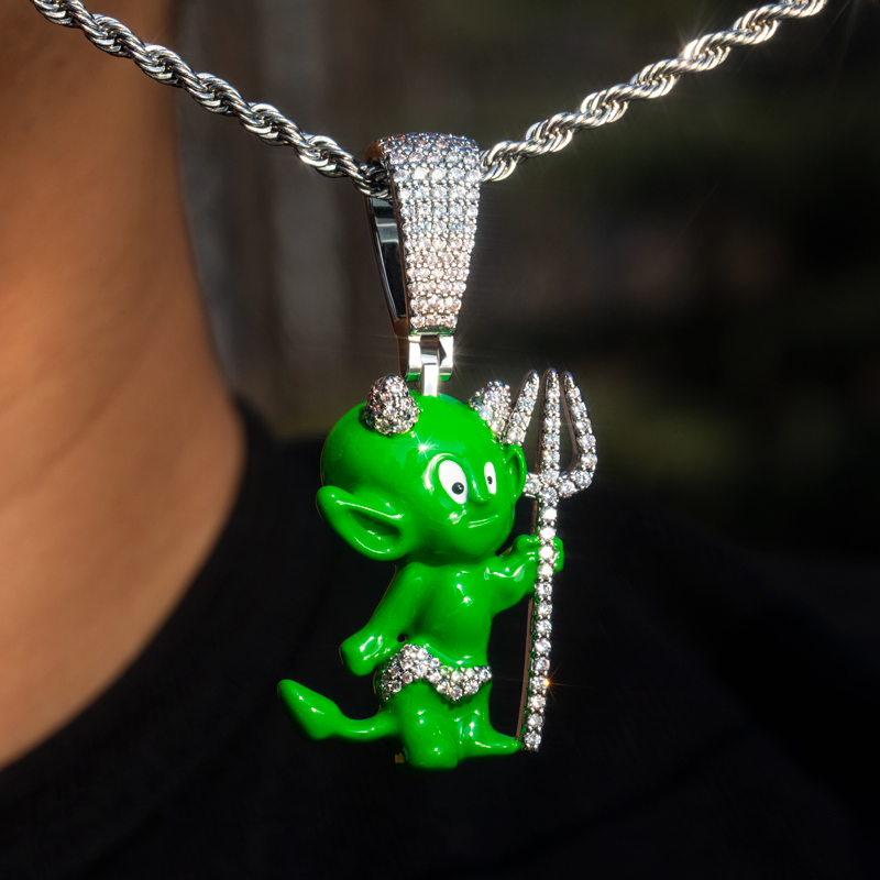 Iced Out 3d Green Enamel Little Devil Pendant Gold With Street Luxury Shine