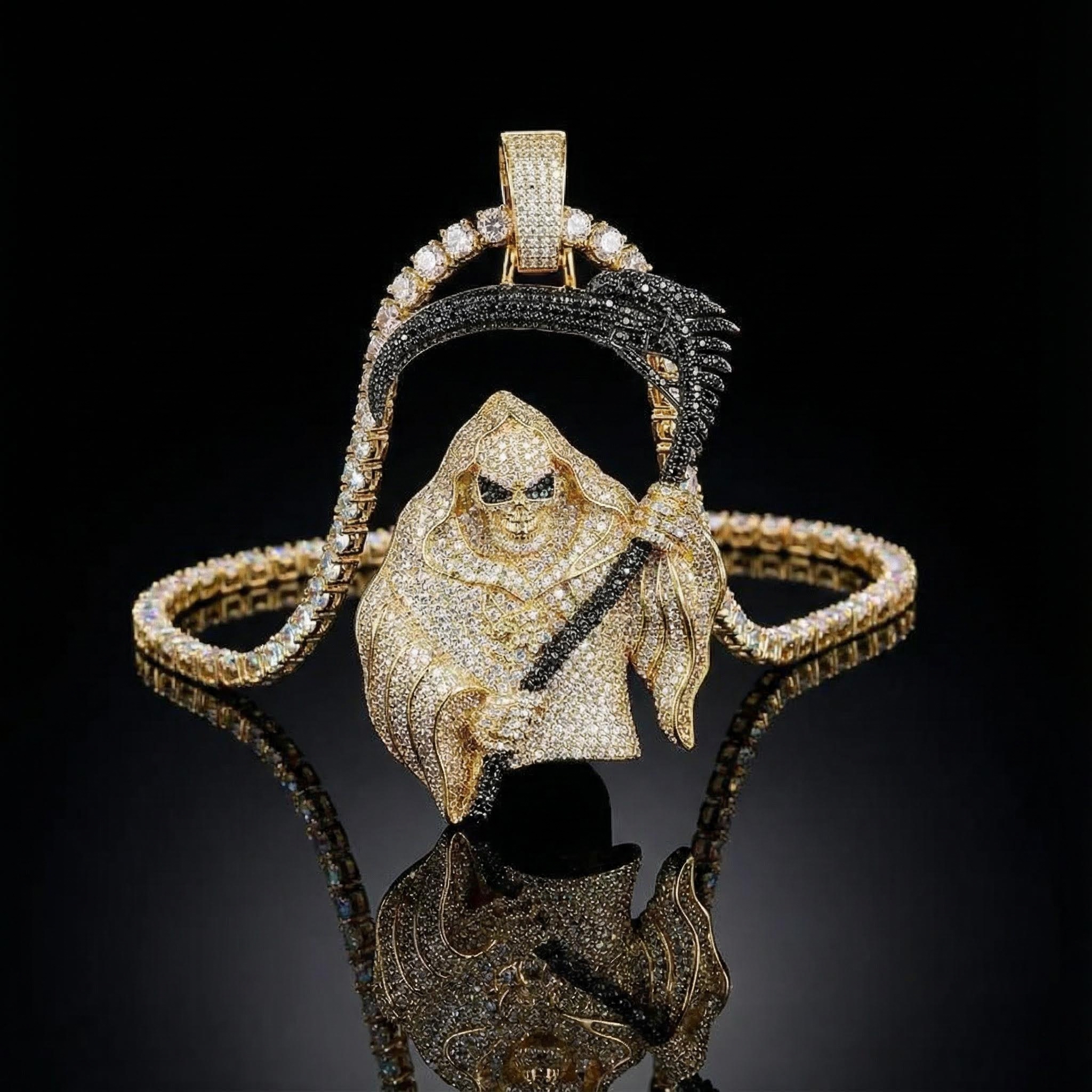 Iced Out Death Skull With Black Sickle Pendant With Street Luxury Shine - Image 3
