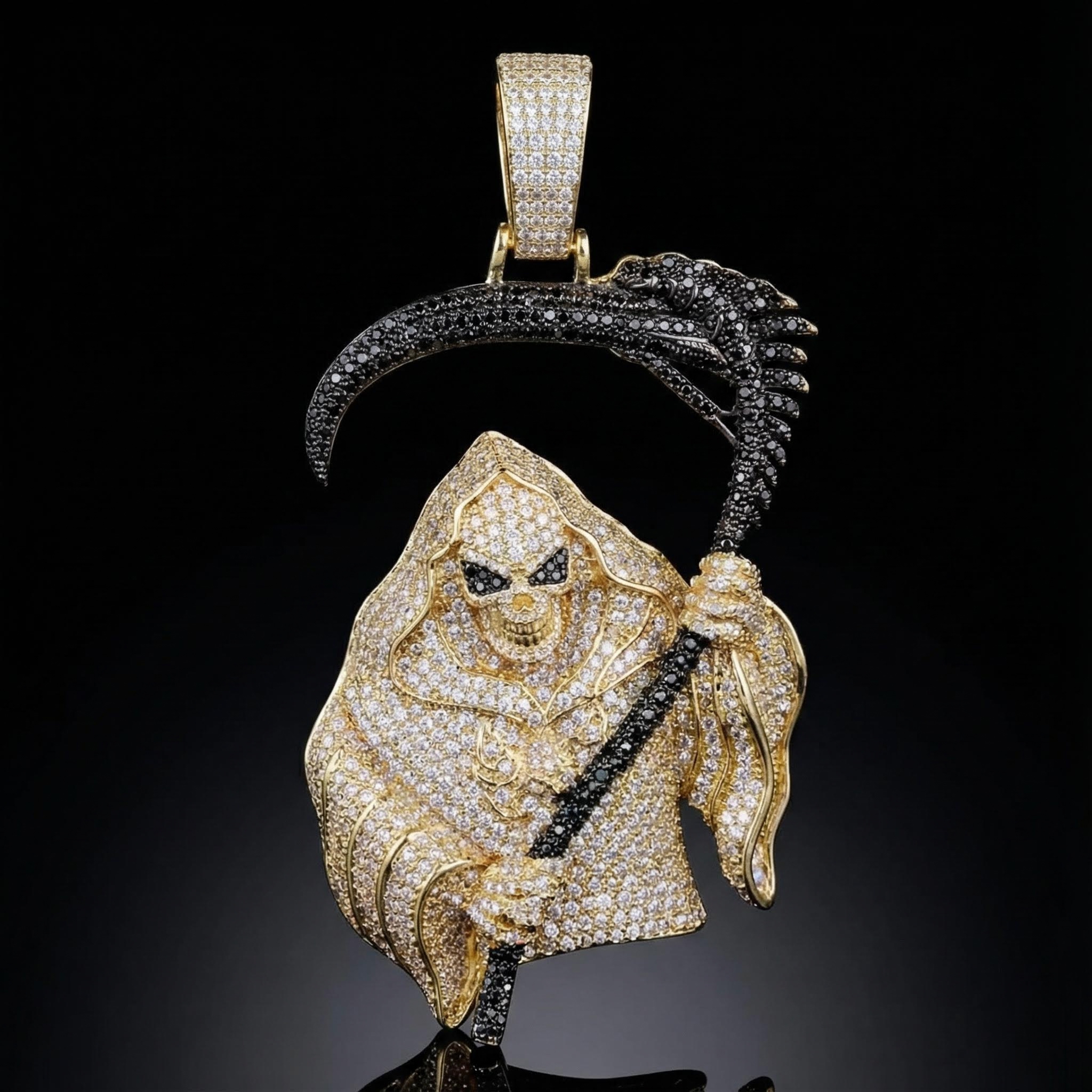 Iced Out Death Skull With Black Sickle Pendant With Street Luxury Shine