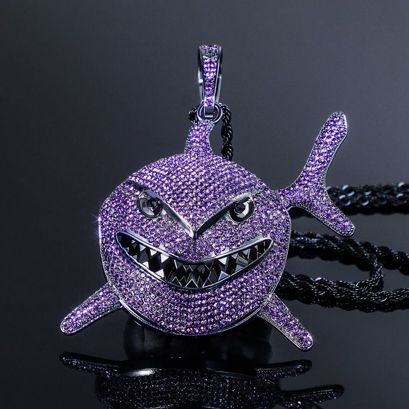 Iced Out Purple Shark Head Pendant In Black Gold With Street Luxury Shine
