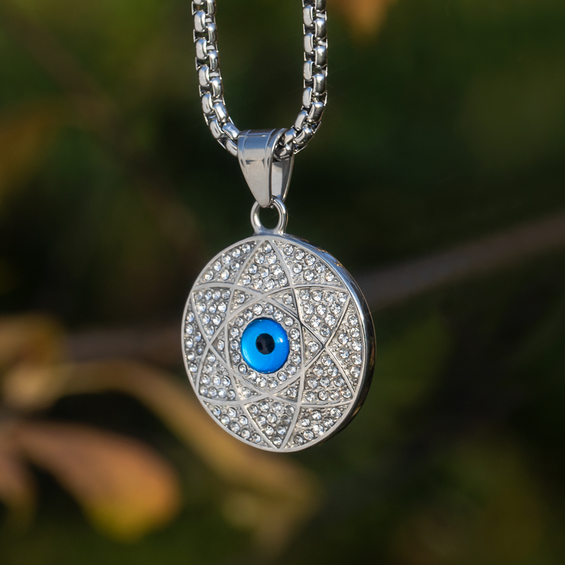 Iced Out Star Of David & Evil Eye Round Pendant With Street Luxury Shine - Image 3