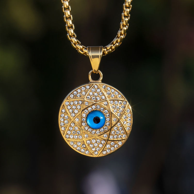 Iced Out Star Of David & Evil Eye Round Pendant With Street Luxury Shine - Image 4