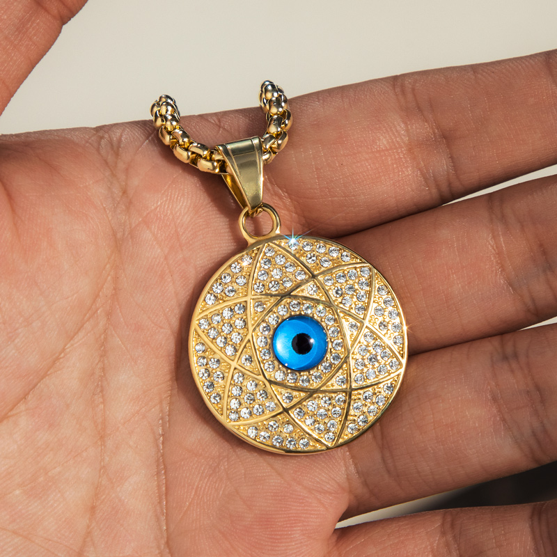 Iced Out Star Of David & Evil Eye Round Pendant With Street Luxury Shine - Image 5