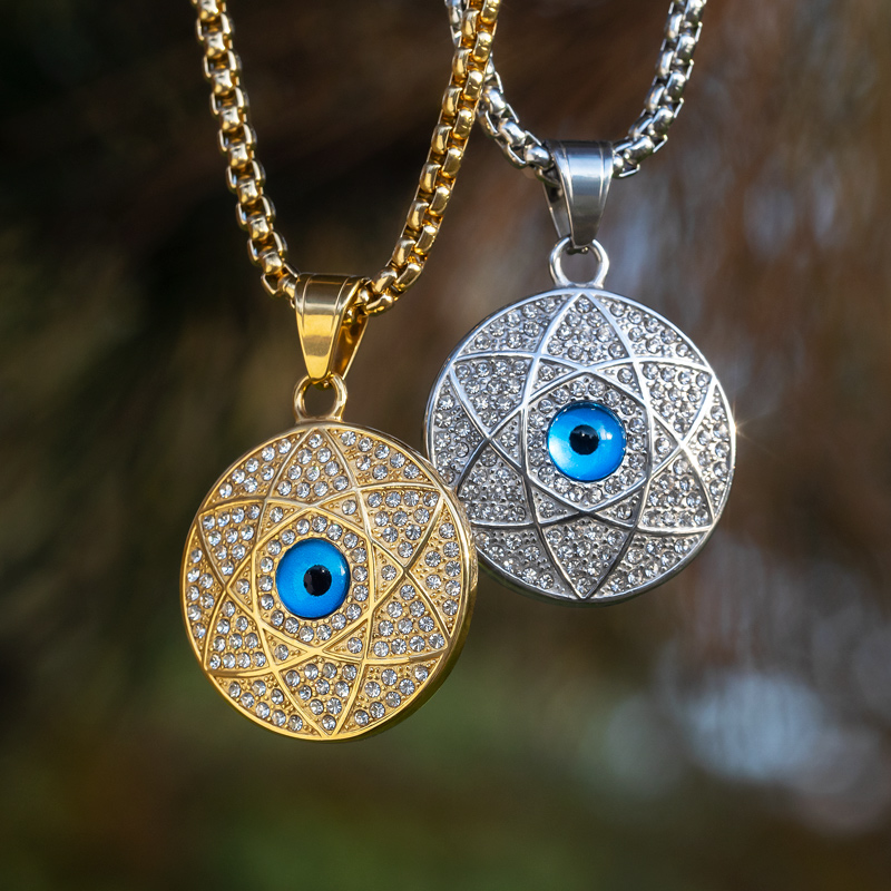 Iced Out Star Of David & Evil Eye Round Pendant With Street Luxury Shine
