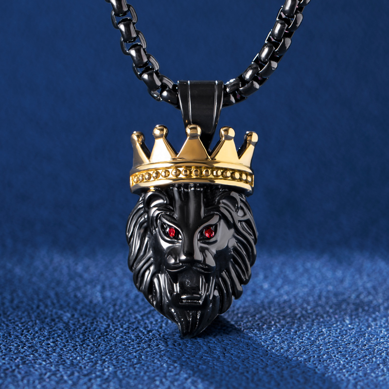 Crown King Of Lion Pendant In Black Gold With Street Luxury Shine