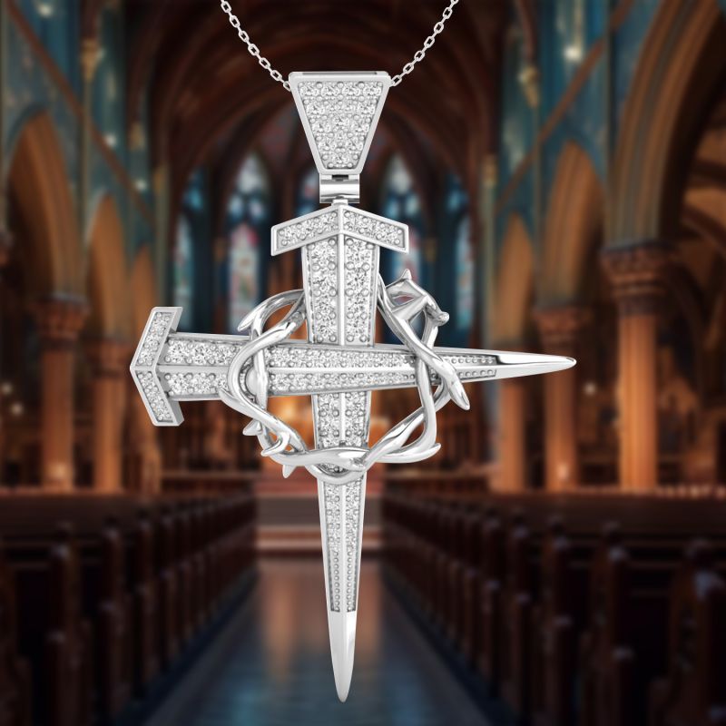 Iced Out Crown Of Thorns Nail Cross Pendant In Gold Moissanite - Image 3