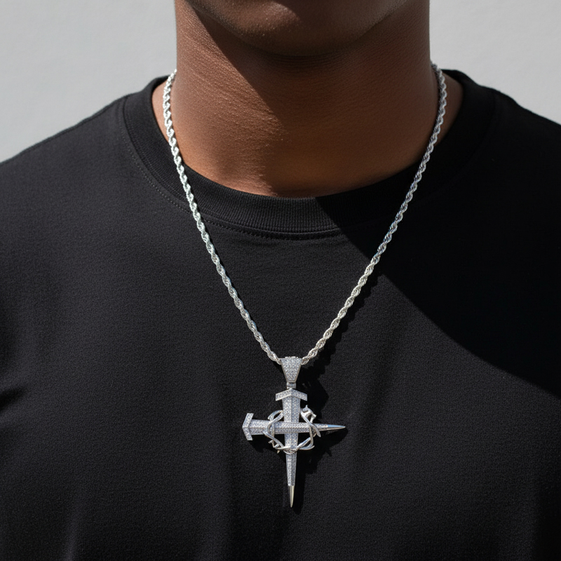 Iced Out Crown Of Thorns Nail Cross Pendant In Gold Moissanite - Image 5