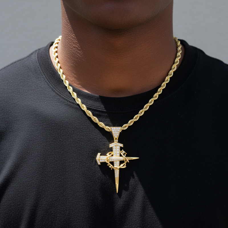 Iced Out Crown Of Thorns Nail Cross Pendant In Gold Moissanite - Image 6