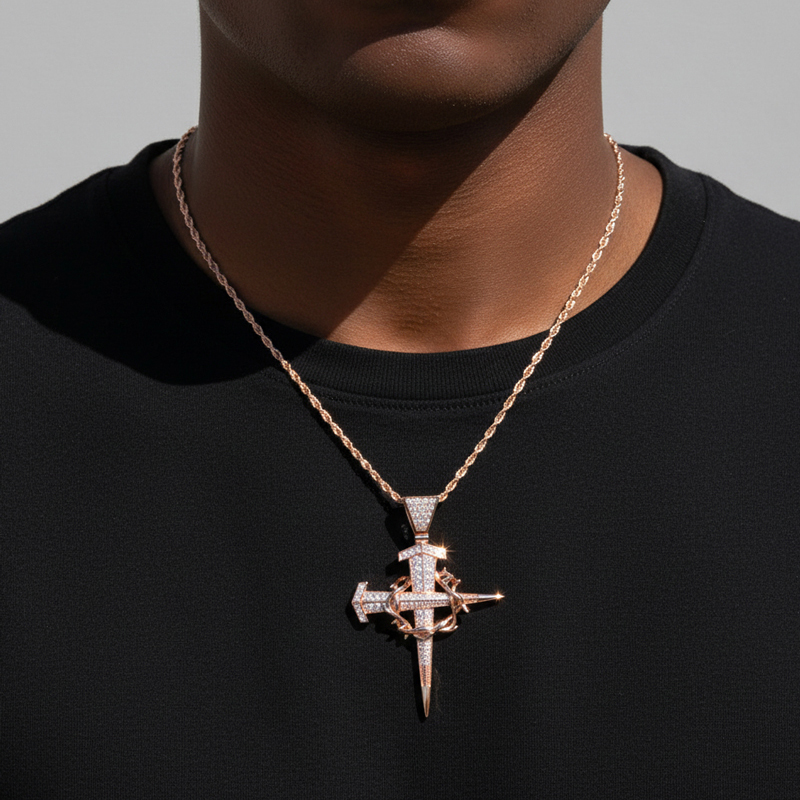 Iced Out Crown Of Thorns Nail Cross Pendant In Gold Moissanite - Image 7