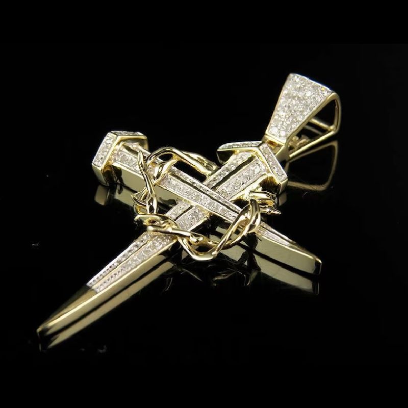 Iced Out Crown Of Thorns Nail Cross Pendant In Gold Moissanite - Image 8