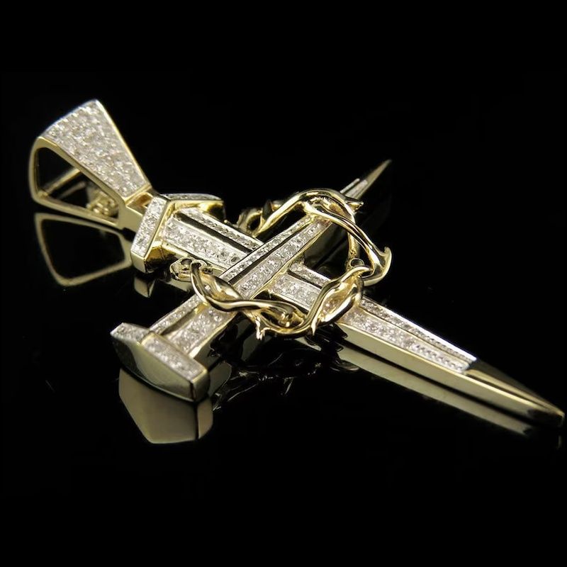 Iced Out Crown Of Thorns Nail Cross Pendant In Gold Moissanite - Image 9