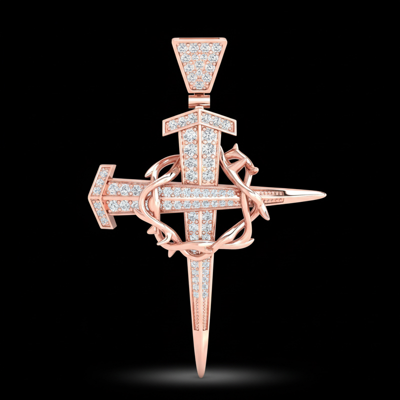 Iced Out Crown Of Thorns Nail Cross Pendant In Gold Moissanite - Image 10