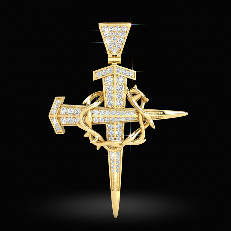 Iced Out Crown Of Thorns Nail Cross Pendant In Gold Moissanite - Image 11