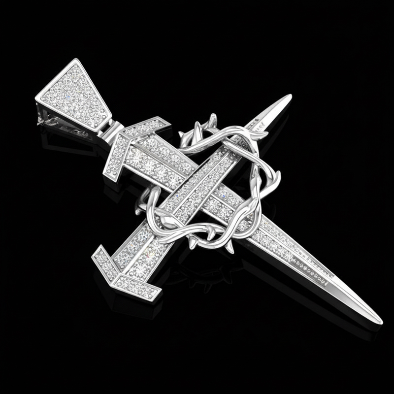 Iced Out Crown Of Thorns Nail Cross Pendant In Gold Moissanite - Image 13
