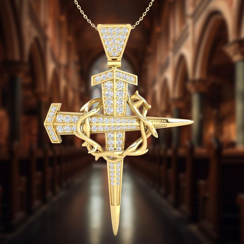 Iced Out Crown Of Thorns Nail Cross Pendant In Gold Moissanite