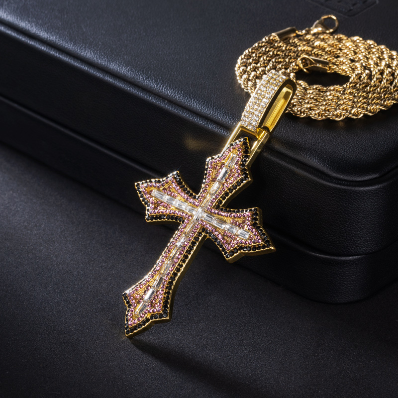 Iced Out Pink Baguette Cut Cross Pendant In Gold With Street Luxury Shine - Image 3