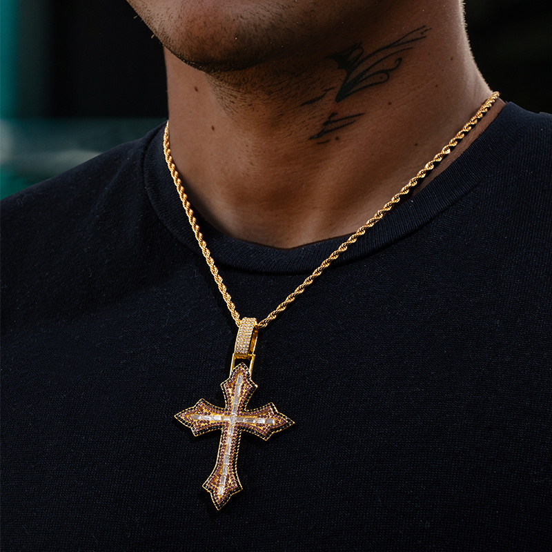 Iced Out Pink Baguette Cut Cross Pendant In Gold With Street Luxury Shine - Image 4