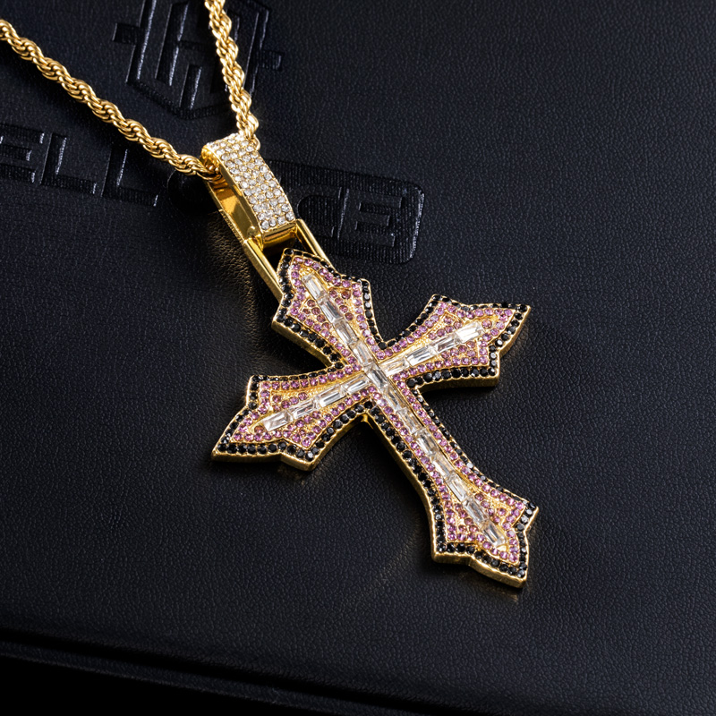 Iced Out Pink Baguette Cut Cross Pendant In Gold With Street Luxury Shine - Image 5
