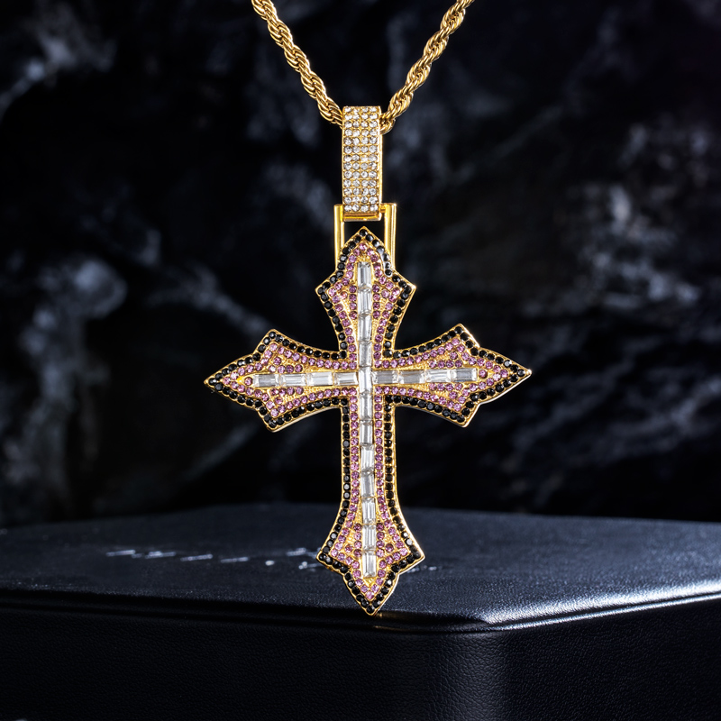 Iced Out Pink Baguette Cut Cross Pendant In Gold With Street Luxury Shine