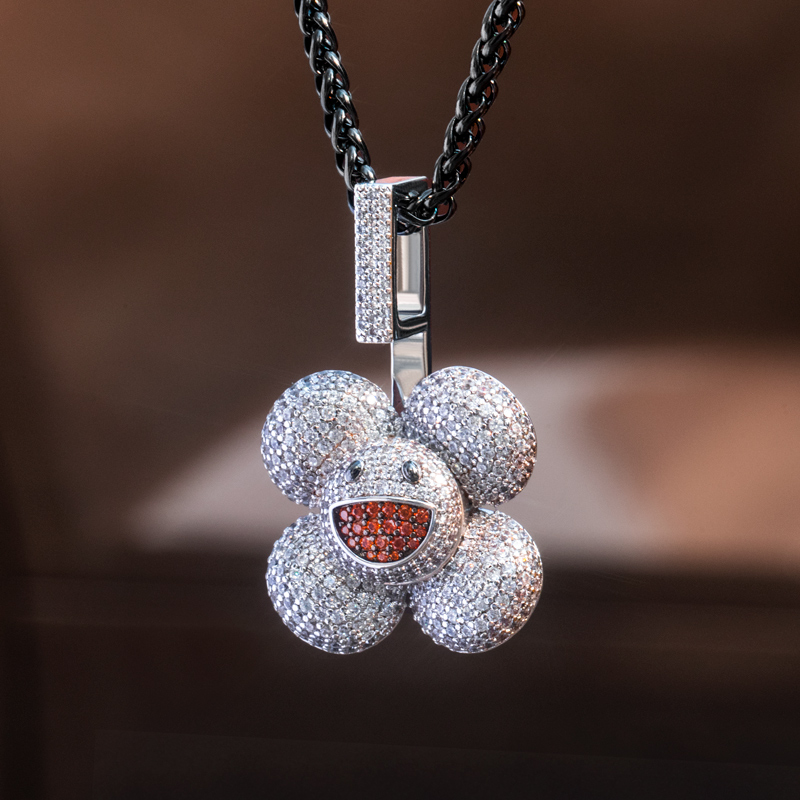 Micro Pave Smiley Sunflower Rotate Pendant In White Gold With Gold Shine - Image 3