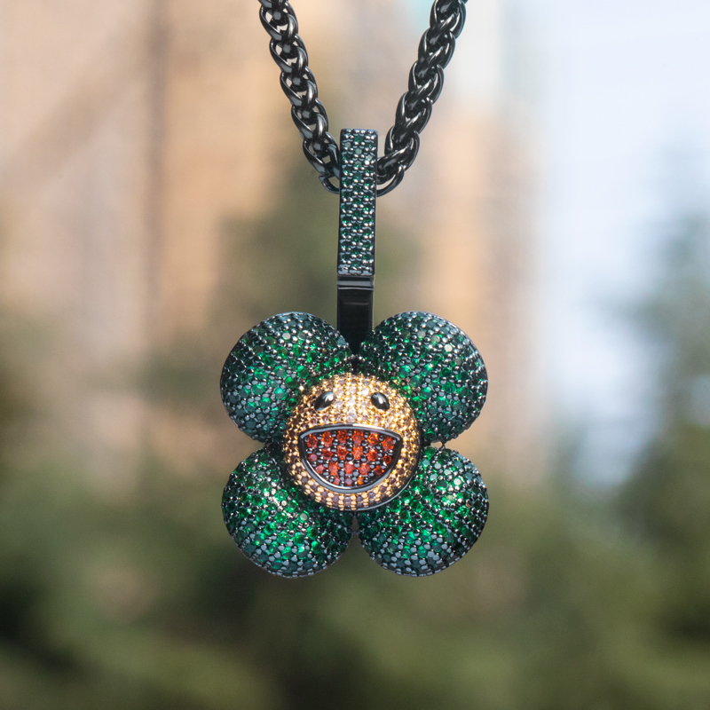 Micro Pave Smiley Sunflower Rotate Pendant In White Gold With Gold Shine - Image 9