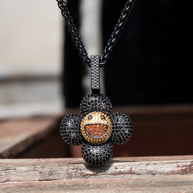 Micro Pave Smiley Sunflower Rotate Pendant In White Gold With Gold Shine - Image 11