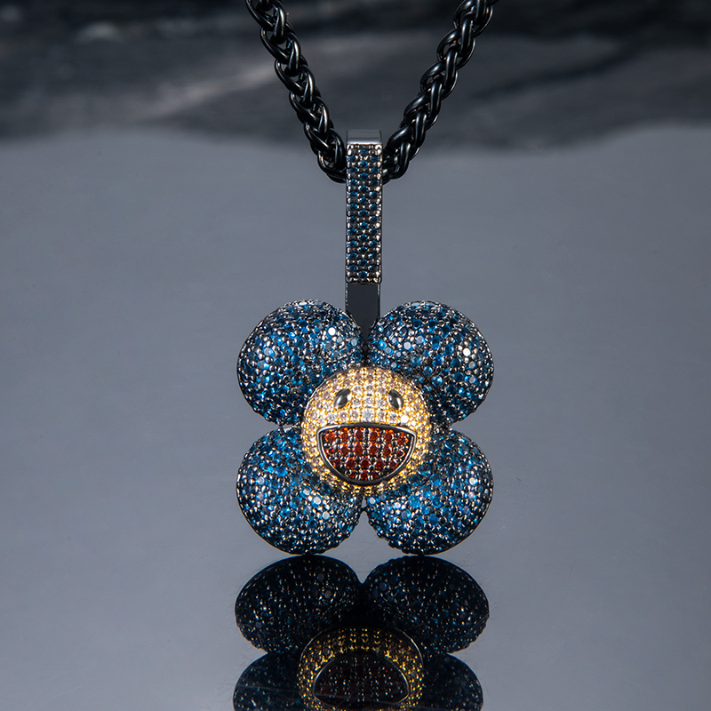 Micro Pave Smiley Sunflower Rotate Pendant In White Gold With Gold Shine - Image 12