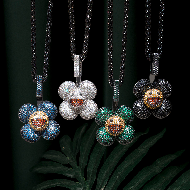Micro Pave Smiley Sunflower Rotate Pendant In White Gold With Gold Shine