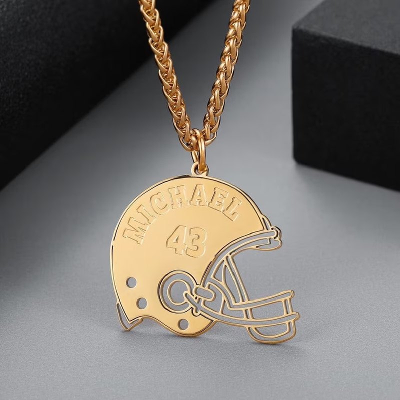 Customized American Football Helmet Name & Jersey Number Pendant Gold